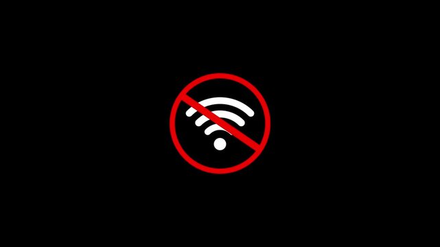 White wifi signal crossed out by a red circle with a diagonal line indicating no internet connection or offline status on black background