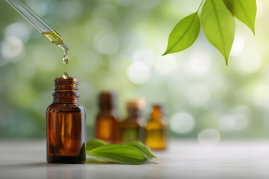 A dropper dispensing oil into a brown glass bottle, surrounded by leaves with bokeh effect in the background