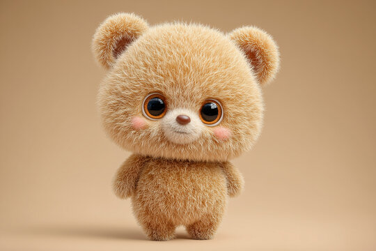 A fluffy teddy bear with big eyes and blushing cheeks, cute and cuddly, isolated on a soft brown background