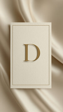 A cream textured card with the golden letter 'D' centered, set against a background of soft, rippling cream satin
