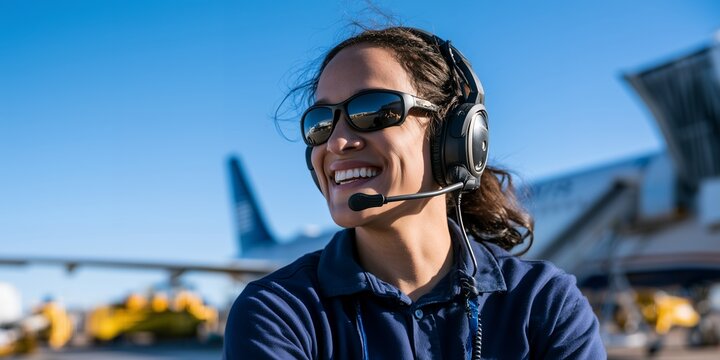 Smiling diverse woman wearing sunglasses and an aviation headset with a microphone on a sunny airport tarmac, concept for aviation industry marketing, professional empowerment and airport operations
