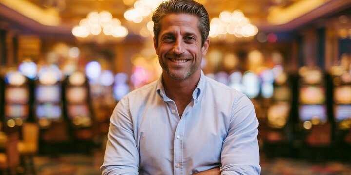 Smiling confident man with crossed arms wearing a light blue shirt in a blurred vibrant casino setting, concept for gaming advertisement, luxury lifestyle promotion and hospitality marketing