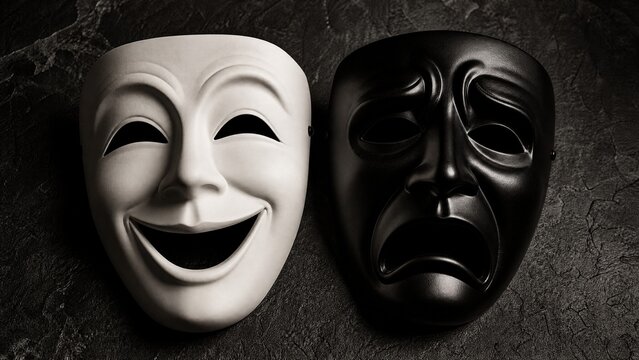 A white comedy mask and a black tragedy mask side-by-side on a dark, textured surface.