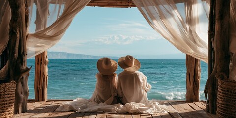 Obraz premium Couple in hats relaxes on a rustic deck under drapes, overlooking the blue sea and distant horizon, concept for travel, vacation and luxury resort advertising
