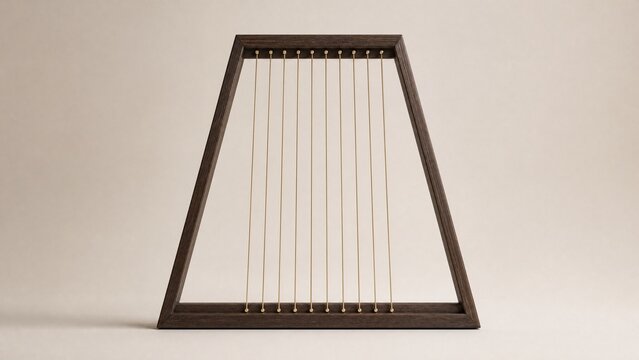 Geometric trapezoid instrument with parallel strings on a neutral background.