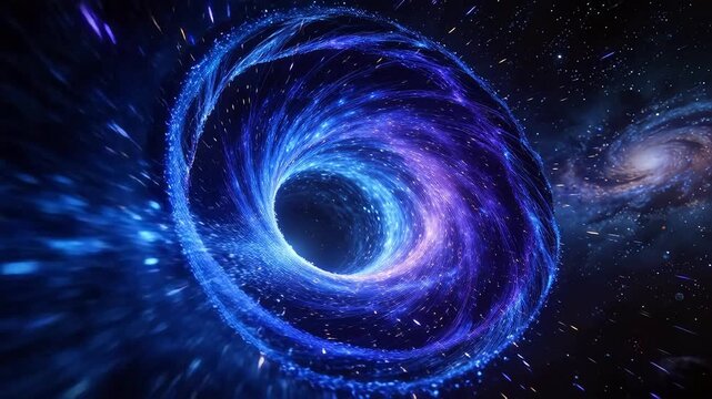 Giant cosmic spiral vortex with blue and purple light particles in deep space