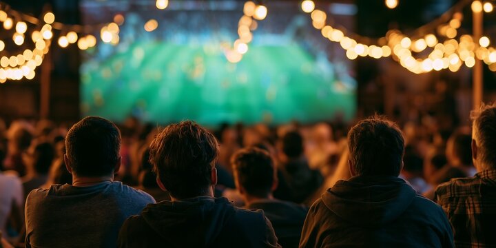 Rear view of people watching a football game on a large outdoor screen at night, with festive bokeh lights, concept for outdoor entertainment, community events and public viewing