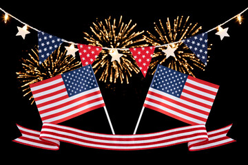 Obraz premium Celebratory display of American flags, bunting, and fireworks, evoking patriotism and national pride