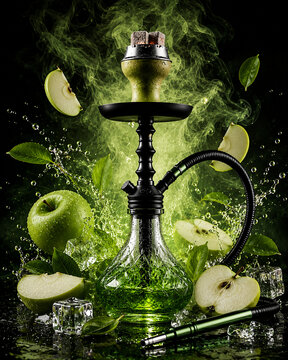 Hookah Shisha Green Apple Flavor Vibrant Smoke and Ice Cubes on Dark Background