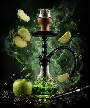 Premium Hookah Shisha Green Apple Flavor Dark Smoky Background with Ice Cubes and Fruit