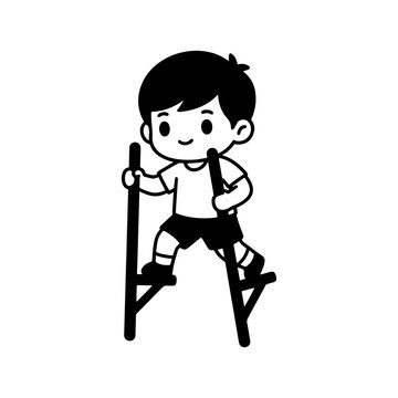 A cute black and white vector illustration of a young boy balancing on wooden stilts, depicting the traditional Indonesian heritage game called egrang.