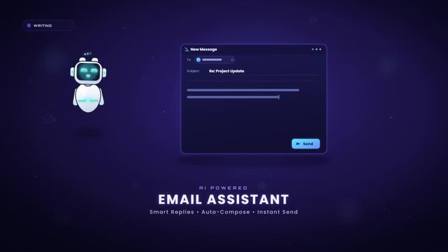 AI powered email assistant robot composing and sending message with smart reply automatically