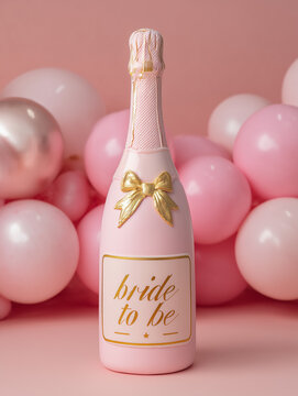 A pink champagne bottle with gold ribbon and bride to be label, surrounded by pink and gold balloons, celebrating a wedding