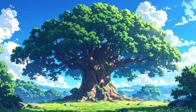 anime style big tree on the hill