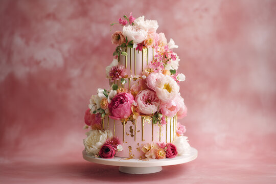 A beautiful three-tiered cake adorned with an abundance of pink and white flowers, with gold drip accents on a pink background