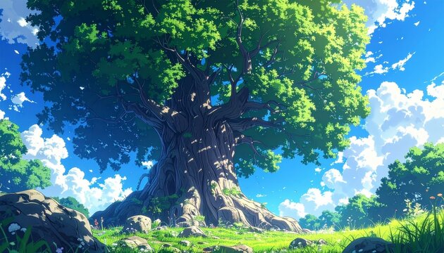 anime style big tree on the hill