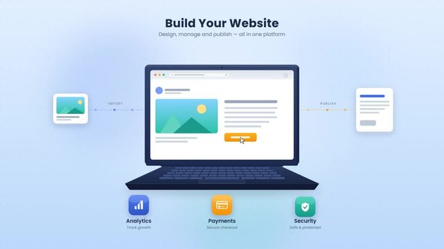 Building a website on laptop with drag and drop page builder design and publish platform