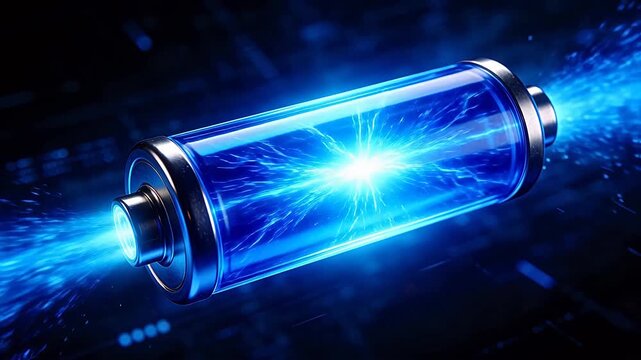 Transparent cylindrical battery with metal electrodes and internal blue lightning discharge on dark background