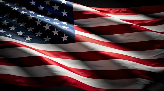 Close up of the American flag waving and rippling dynamically in the wind against a dark background, depicting patriotism and freedom