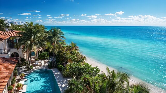 Luxury oceanfront villa featuring a sparkling swimming pool surrounded by lush tropical palm trees overlooking a bright turquoise Caribbean sea