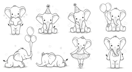Fototapeta premium Collection of adorable baby elephant sketches shows animals in various playful poses including dancing, sleeping, and holding hearts.