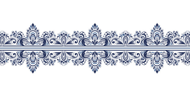 Ornamental border pattern in navy blue and white features intricate floral scrolls and symmetrical designs for classic textile styling.