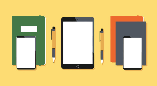 Collection of modern electronic devices and stationery items.