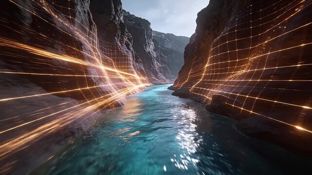 River flowing through canyon with golden grid lines on steep rock walls