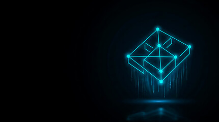 Fototapeta premium A sleek, glowing 3D geometric cube with interconnected lines and nodes, representing digital connectivity and data flow in a image style.