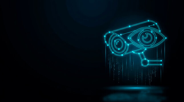 A sleek,  image  of a surveillance camera eye integrated with glowing digital circuitry, symbolizing tech and security.