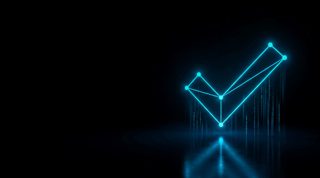 A sleek, glowing blue  image  combining a checkmark with an upward trend line, symbolizing success and growth.