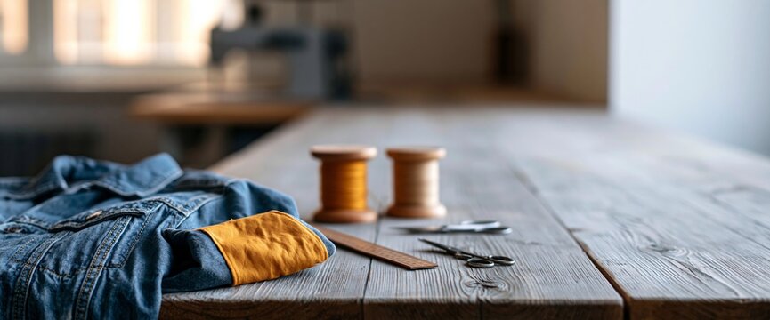Denim jacket with sewing tools on table