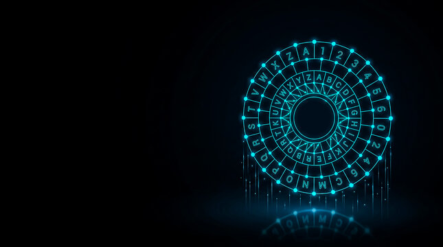 A sleek, futuristic  image  of a glowing digital lockpad featuring alphanumeric keys in a circular arrangement.
