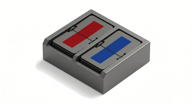 D Isometric Political Majority Vote Counter Device, Matte Charcoal Casing with Red and Blue Bars, Isolated on White
