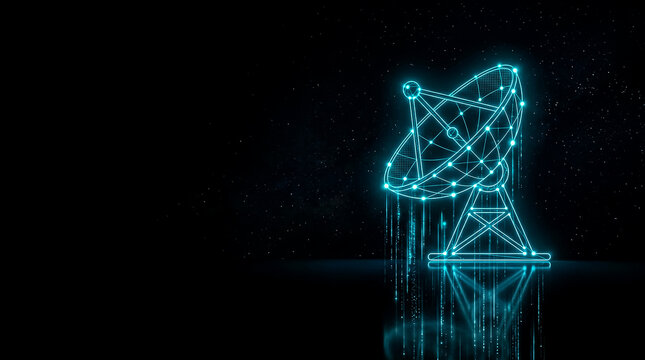A sleek, futuristic satellite dish depicted as a  image graphic with glowing cyan lines, set against a starry cosmic background.