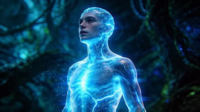 Translucent human model with blue glowing veins in dark forest background