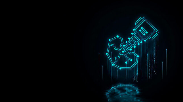 A futuristic  image  showcasing a digital shield, lock, and binary data streams representing cybersecurity and data protection.