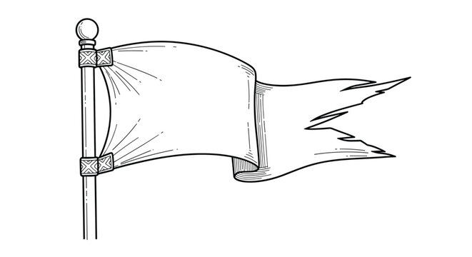 Vintage style hand drawn sketch of a worn and tattered white flag attached to a vertical pole blowing in the wind.