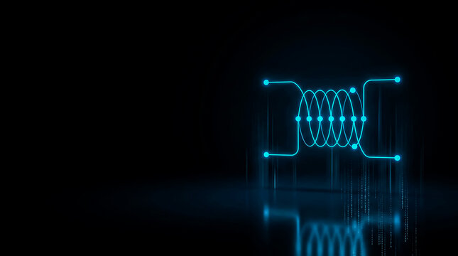 A sleek, futuristic  image design showcasing a glowing blue electronic transformer circuit with smooth lines and vibrant lighting effects.