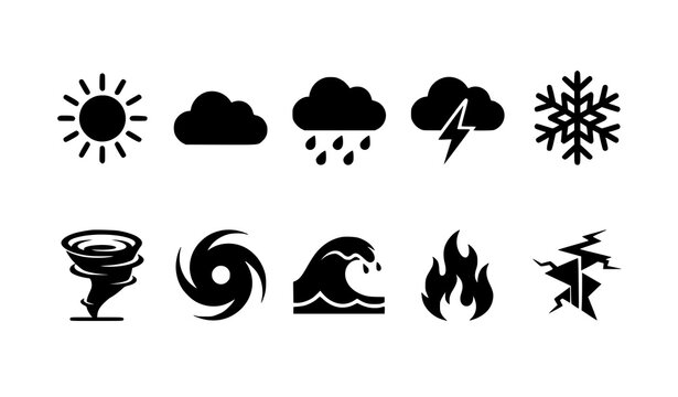Weather and Natural Disaster Black Silhouette Icons Set with Storm Flood and Earthquake Symbols