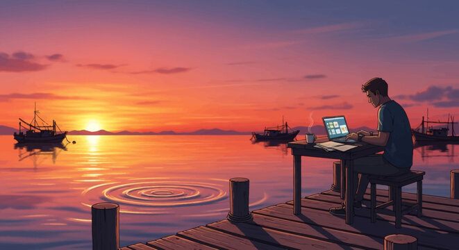 man sitting on a dock working on laptop at sunset.