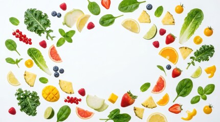 Obraz premium Assortment of fresh fruits and vegetables arranged in a scattered pattern