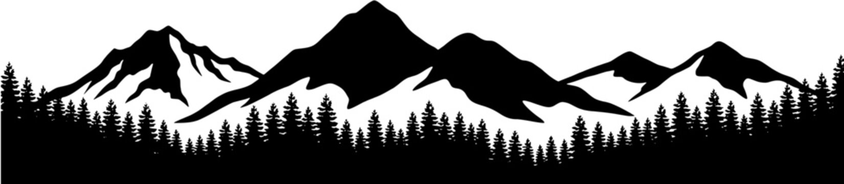 Mountain range silhouette with pine forest trees isolated on white background