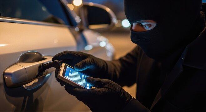 Thief wearing balaclava using electronic device to unlock car door handle at night. Professional car burglar hacking vehicle security system. Criminal activity and automobile theft concept.