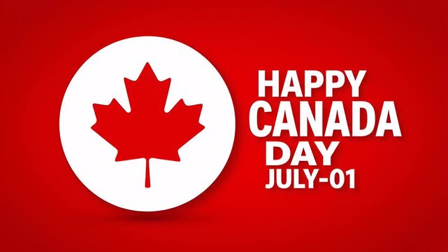 Red maple leaf icon with happy canada day text on a vibrant solid red background art