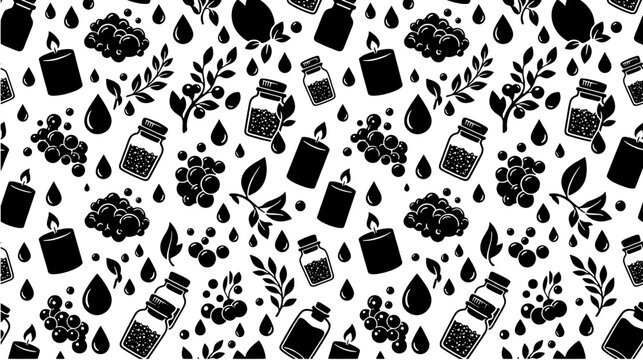 Seamless pattern with spa aromatherapy icons featuring candles, essential oil bottles, soap bubbles and botanical branches