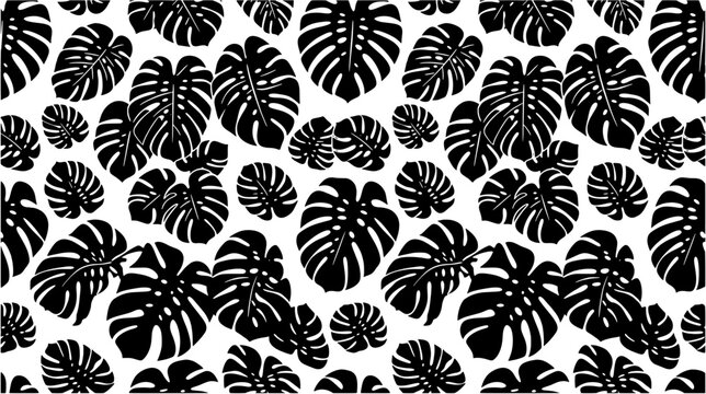 Seamless pattern with black monstera leaves silhouette on white background