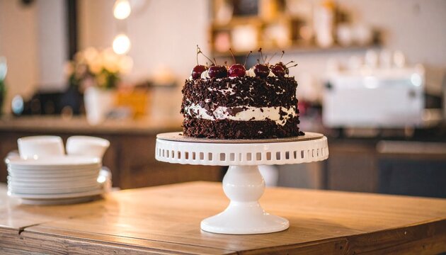 Delicious chocolate cake on a stand.