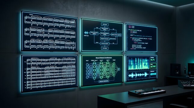 Futuristic Control Room with Multiple Screens Displaying Complex Data, Code, and Neural Networks for Tech Innovation and Data Analysis