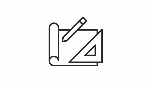 Professional black line icon of a blueprint pencil and triangle ruler for architectural planning on a clean white background.